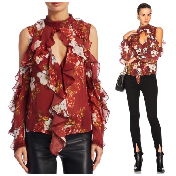 NICHOLAS Tops - NICHOLAS Celeste Cold Shoulder Silk Blouse Top, Ruffle Floral sz. 2